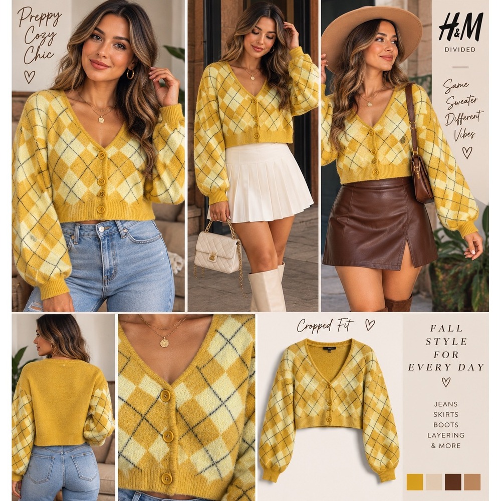 H&M Divided Yellow Argyle Cropped Cardigan Sweater XS V-Neck Puff Sleeve Knit